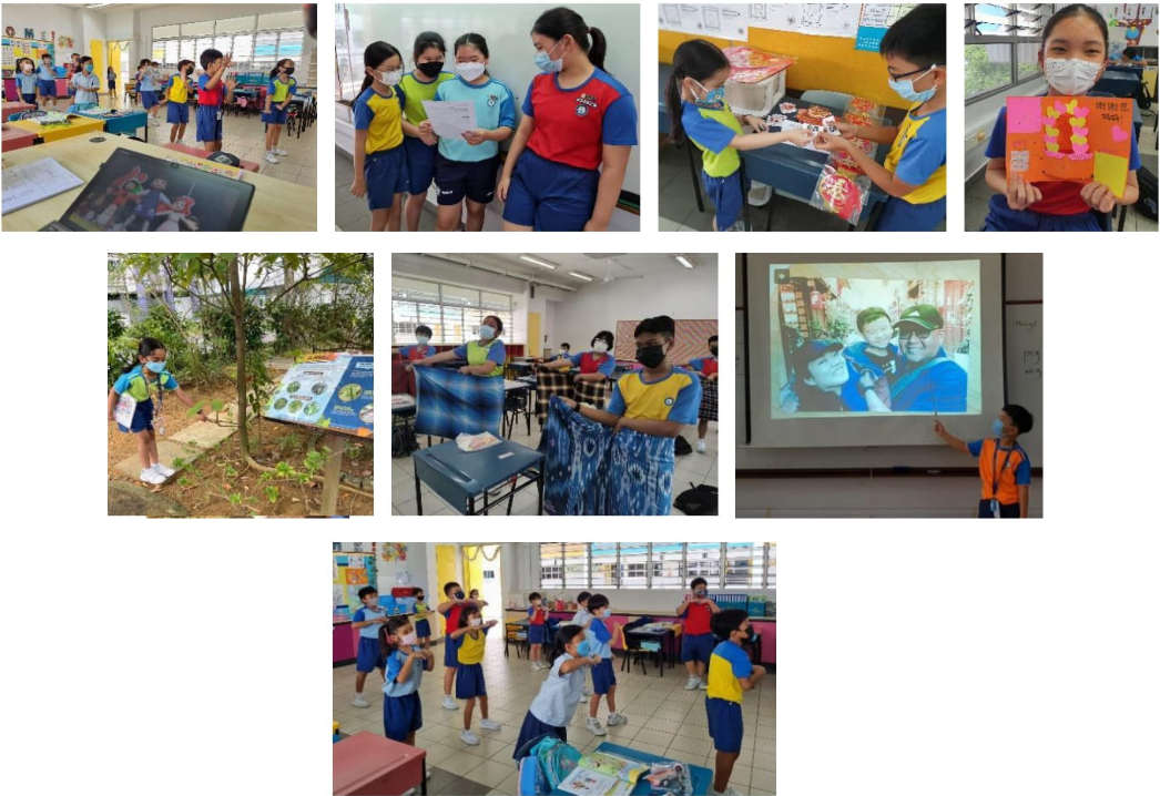 A collage of masked students in blue uniforms doing classroom activities, outdoor learning, and group presentations.